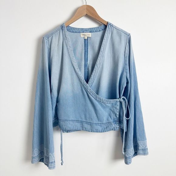 cloth & stone Tops - CLOTH & STONE Wrap Crop Top Large Blue Denim Tie Long Flared Sleeve Aztec
